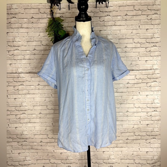 Rochelle Behrens The Shirt Blue Linen Blend Ruffle Collar Button Down - Picture 1 of 5